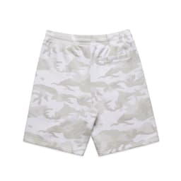 Light grey camo shorts with an elastic waistband and a back pocket, featuring a branding logo.