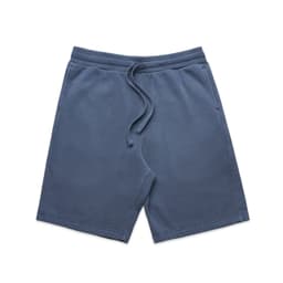 Faded blue sports shorts with an elastic waistband and drawstring, featuring a logo at the back.
