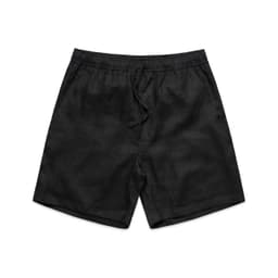 Linen shorts in black with an elastic waistband and drawstring, designed as dress shorts.
