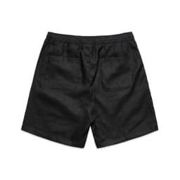 Black linen shorts with an elasticated waistband and two back pockets. Features a clean, simple design.