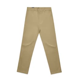 Khaki straight pants with a classic slacks design, featuring a front button closure and pockets. Includes branding.