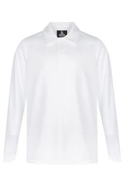 A long-sleeved white polo shirt featuring a collar and a buttoned placket. It includes a logo on the upper side.