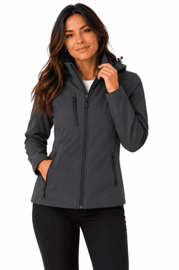 A soft shell jacket in dark grey, featuring a hood and zippered pockets, worn by a smiling woman.