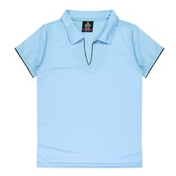 Light blue polo shirt with a collar and contrasting black detailing, featuring a logo.