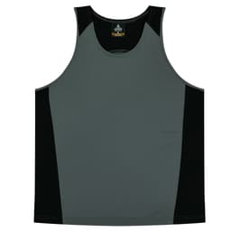 A grey and black singlet featuring a logo, made for children.