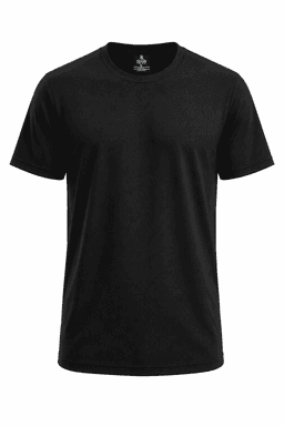 A black T-shirt with a round neckline and short sleeves. Features a simple design and a brand logo.