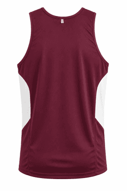 A maroon singlet with white side panels and a logo on the back.