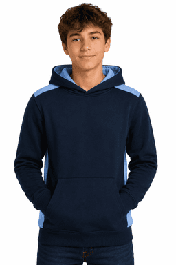 A navy hoodie with light blue accents, featuring a front pocket and a drawstring hood, with a logo on it.
