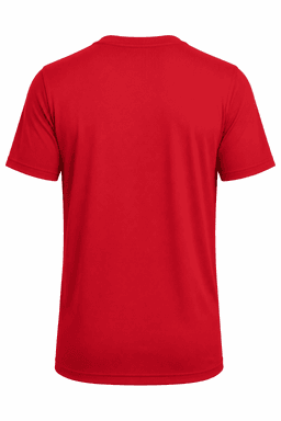 A red T-shirt for kids with short sleeves and a crew neck, featuring a logo on the back.