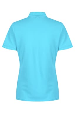A turquoise women's polo shirt with a collared neckline and short sleeves, featuring a logo on the back.