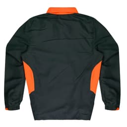 A dark green tracktop with orange side accents, featuring a collar and elastic cuffs. It has a logo on the back.