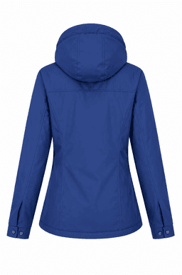 A blue women's jacket with a hood, featuring a fitted design and side openings, includes a logo on the back.
