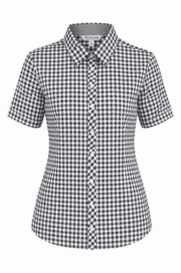A short-sleeve button-up shirt in a black and white gingham pattern with a collar and a logo.