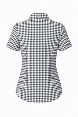 A short-sleeve button-up shirt in a black and white checkered pattern with a fitted silhouette and collar.