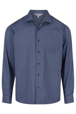 A long-sleeve, button-up men's shirt in navy blue with a subtle stripe pattern and a pocket on the chest.