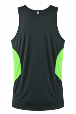 A black singlet with green accents, featuring a branding logo on the back. Suitable for active wear.