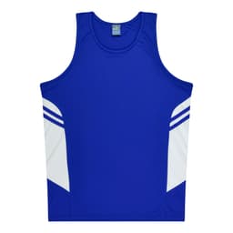 A blue singlet with white side panels and a logo on the chest. Suitable for kids.