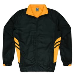 A dark green and yellow zip-up tracktop featuring two side stripes and a high collar. It has a logo on the chest.
