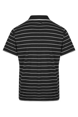 A black and white striped polo shirt with a classic collar and short sleeves, featuring a logo.