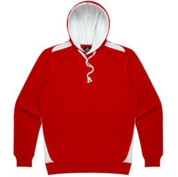 A red hoodie featuring a white hood and side panels, with a front pocket and a logo.