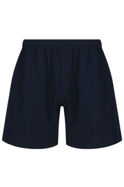 Navy blue men's sports shorts with an elastic waistband and a logo on the front. Suitable for training activities.