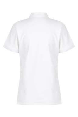 A white women's polo shirt featuring a classic design and short sleeves. It includes a logo on the fabric.