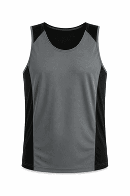 A grey and black men's singlet, featuring a sporty design with contrasting side panels and a logo.