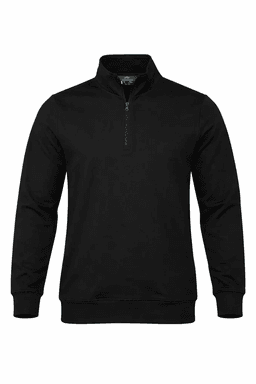 A black 1/4 zip sweater featuring long sleeves and a stand-up collar, with a small logo on the chest.