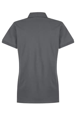 A grey women's polo shirt with a collar and short sleeves, featuring branding on the back.