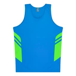 A blue singlet featuring bright green accents and branding. Ideal for active wear or casual outings.