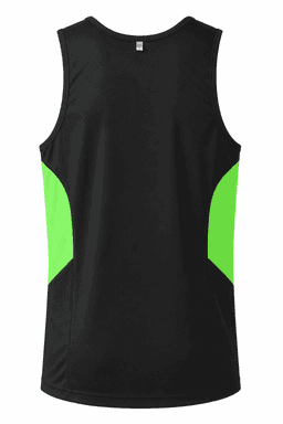A black singlet with vibrant green side panels, featuring a logo on the back.