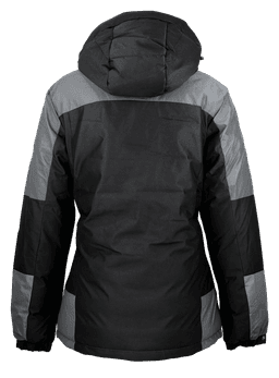 A women's jacket featuring a hood, primarily black with grey accents, showcasing a modern design.