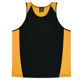 A black and gold singlet featuring contrasting side panels and a simple design, with a logo on the label.