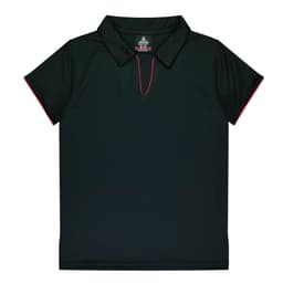 A black polo shirt featuring a collar and red accent details, with a logo at the neckline.