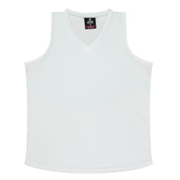 A white singlet featuring a V-neck design and a logo at the neckline.