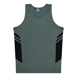A grey singlet with black side panels and stripes, featuring a branding logo.