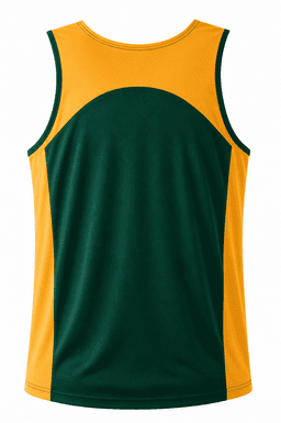 A men's singlet featuring a yellow front and dark green back, designed for athletic wear. Includes a logo.