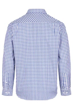 A long sleeve men's button-up shirt in blue and white check pattern, featuring a collar and brand logo.
