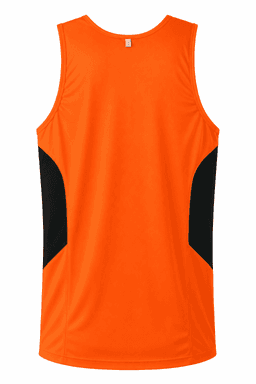An orange singlet featuring black side panels and a logo on the back. Ideal for casual or athletic wear.