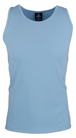 A light blue men's singlet with a fitted design and a logo on the label.