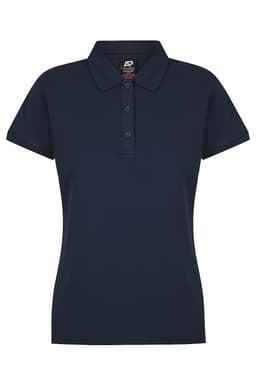 A navy polo shirt featuring a collar and three buttons, designed for women's wear. It includes a branding logo.