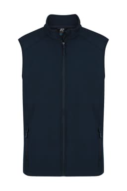 A navy blue men's vest featuring a full zip front and side pockets, designed for workwear use.