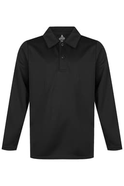 A black long-sleeve polo shirt with a collar and three buttons, featuring a logo at the neck.