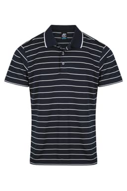 A navy blue and white striped polo shirt with a collar and two-button placket. It features branding on the fabric.