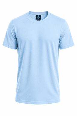 A light blue t-shirt with a standard crew neck and short sleeves. It features a logo on the inside label.