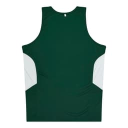 A green singlet with white side panels and a logo on the back.