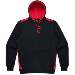 A black hoodie with red accents, featuring a front pocket and a drawstring hood. It has a logo on the chest.