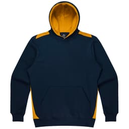 A navy blue hoodie with yellow accents and a front pocket. It features a hood and has a branded logo.