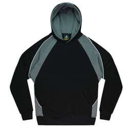 A black and grey hoodie featuring a large front pocket and a hood, with contrasting colour panels.