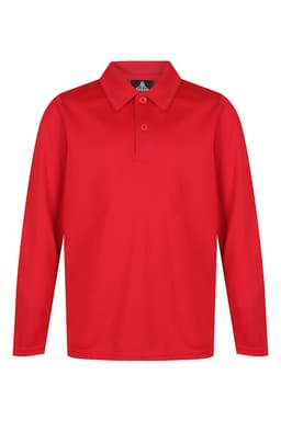 A red long-sleeve polo shirt with a collar and three buttons, featuring a logo on the front.